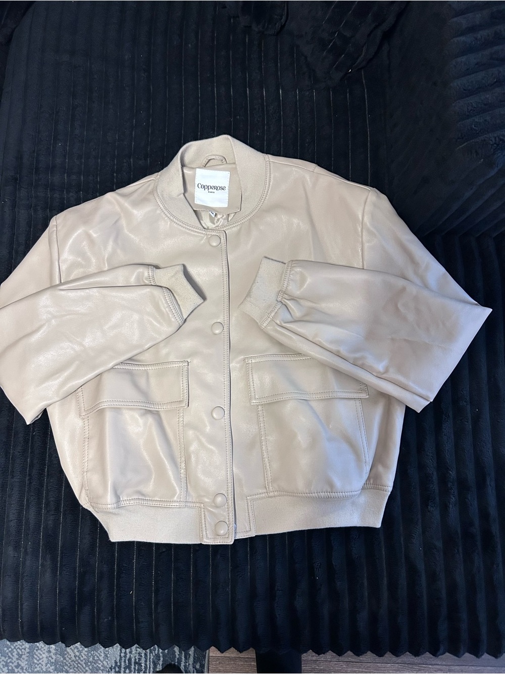 Women's Cream Faux Leather Bomber Jacket